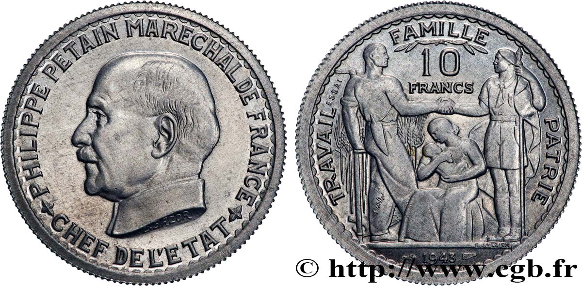 Essai de 10 francs Pétain en aluminium par Bazor/Vézien 1943 Paris GEM.179 1 VZ+ 