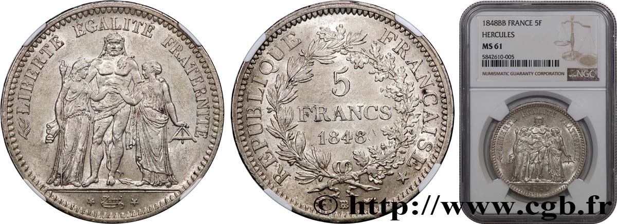 5 francs Hercule, IIe République 1848 Strasbourg F.326/2 MS61 NGC