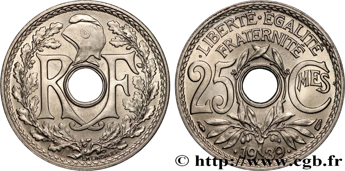 25 centimes Lindauer, Maillechort 1939  F.172/3 SPL64 