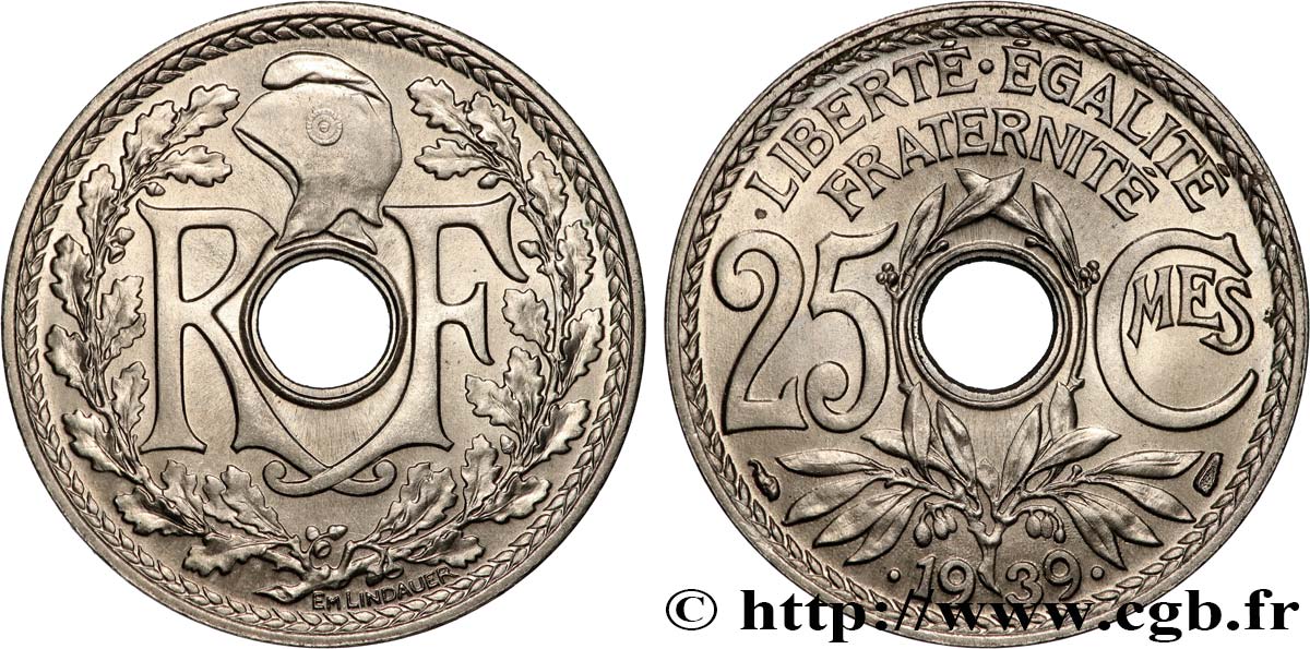 25 centimes Lindauer, Maillechort 1939  F.172/3 fST64 