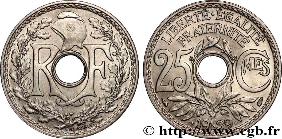 25 centimes Lindauer, Maillechort 1939  F.172/3 SUP+ 