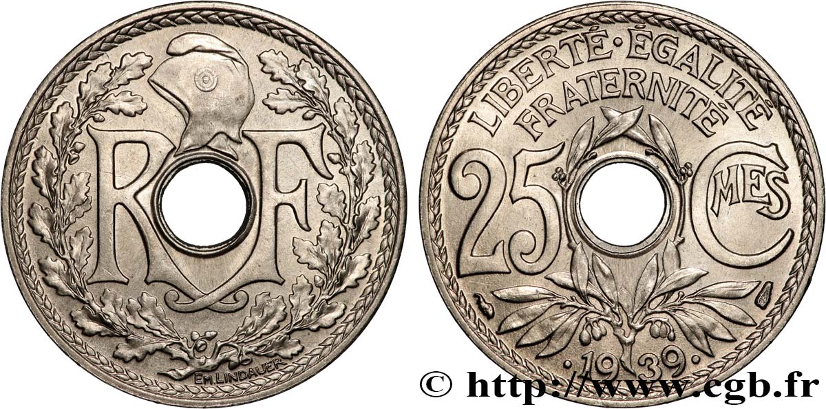 25 centimes Lindauer, Maillechort 1939  F.172/3 SUP+ 