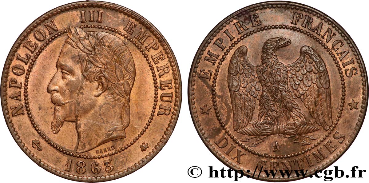 Dix centimes Napoléon III, tête laurée 1863 Paris F.134/10 SUP+ 