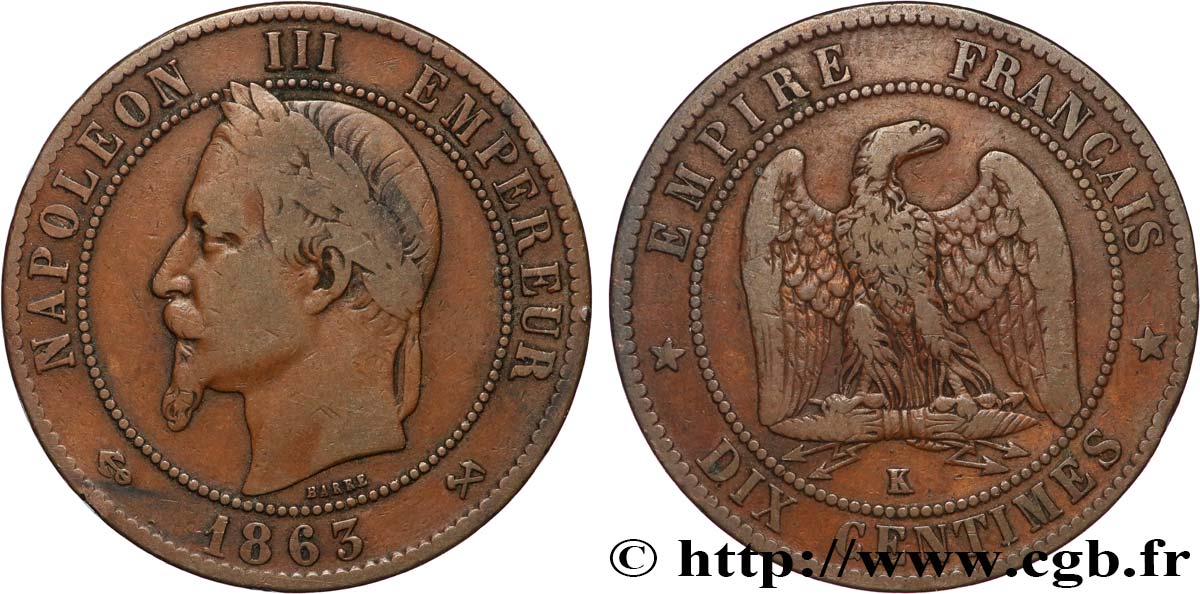 Dix centimes Napoléon III, tête laurée 1863 Bordeaux F.134/12 MB 