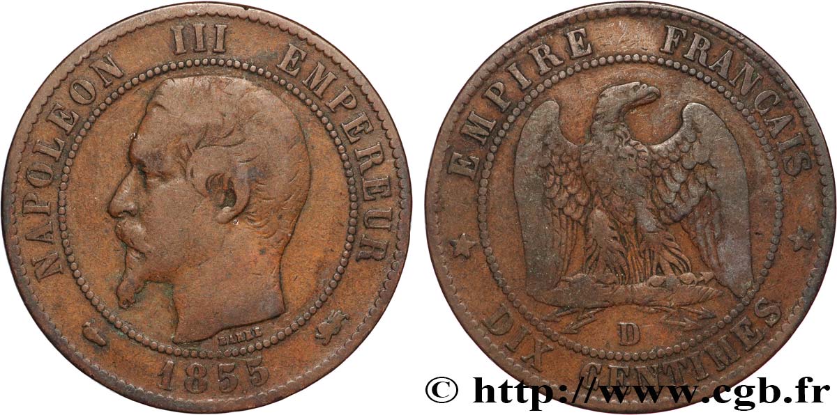 Dix centimes Napoléon III, tête nue 1855 Lyon F.133/25 TB 