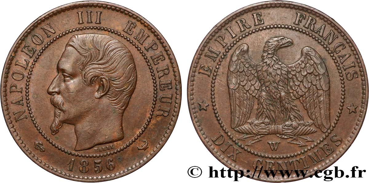 Dix centimes Napoléon III, tête nue 1856 Lille F.133/40 VZ 