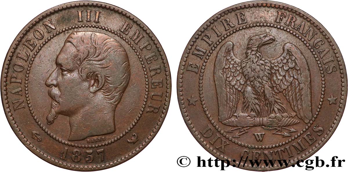 Dix centimes Napoléon III, tête nue 1857 Lille F.133/46 TB+ 