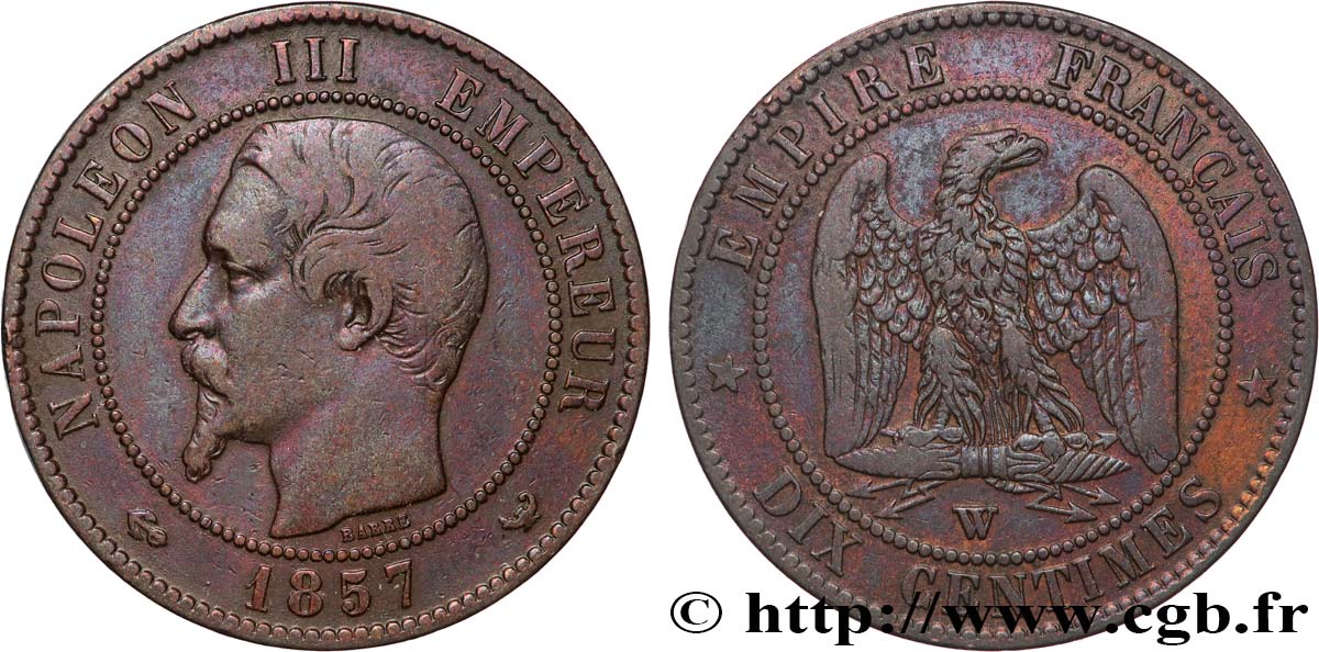 Dix centimes Napoléon III, tête nue 1857 Lille F.133/46 VF 