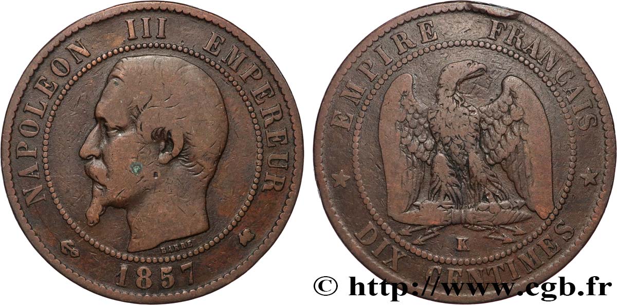 Dix centimes Napoléon III, tête nue 1857 Bordeaux F.133/44 B 