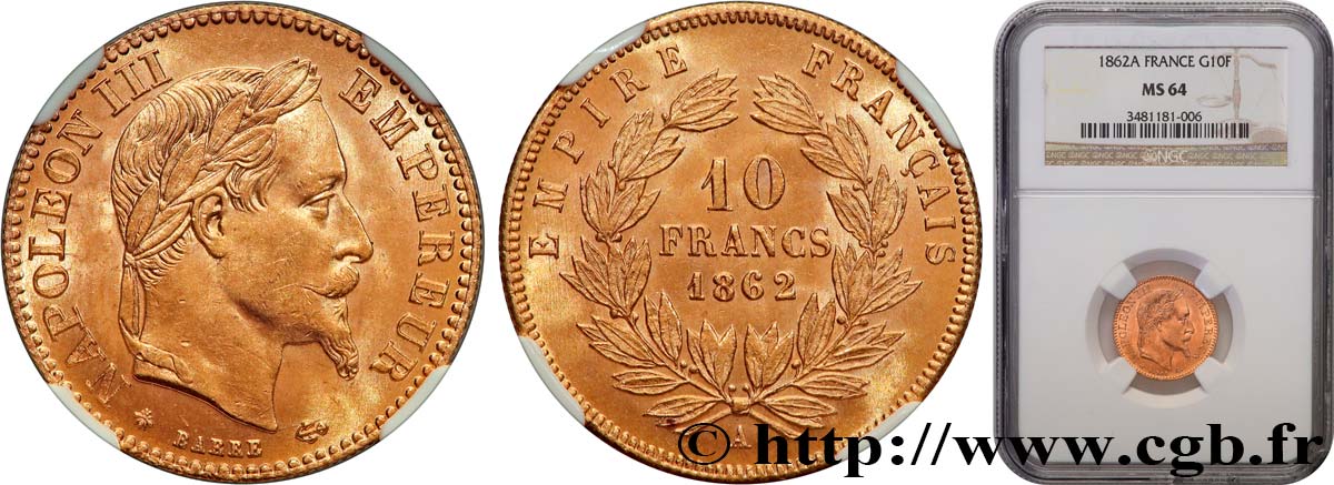 10 francs or Napoléon III, tête laurée, hybride à petit 10 1862 Paris F.507/1 SPL64 NGC