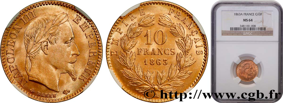 10 francs or Napoléon III, tête laurée 1863 Paris F.507A/3 SC64 NGC