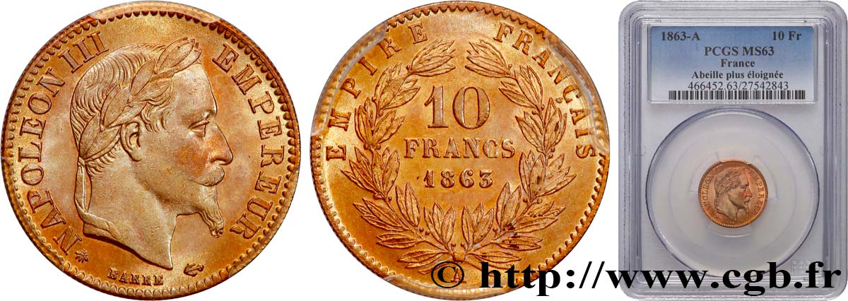 10 francs or Napoléon III, tête laurée 1863 Paris F.507A/3 SC63 PCGS