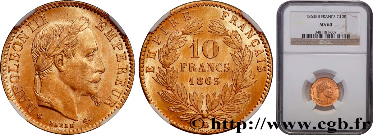 10 francs or Napoléon III, tête laurée 1863 Strasbourg F.507A/4 fST64 NGC