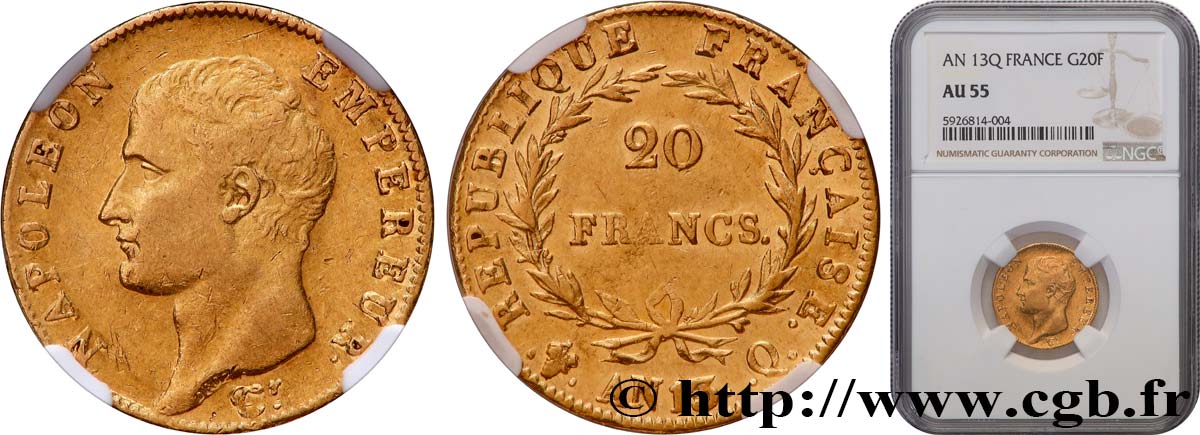 20 francs or Napoléon tête nue, Calendrier révolutionnaire 1805 Perpignan F.512/3 AU55 NGC