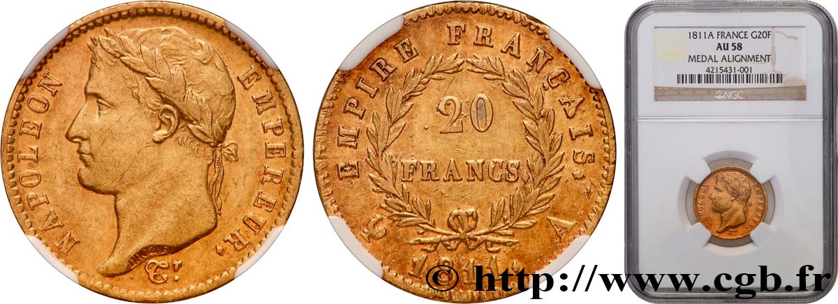 20 francs or Napoléon tête laurée, Empire français, FRAPPE MÉDAILLE 1811 Paris F.516/16 var. SUP58 NGC