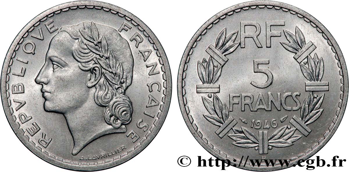 5 francs Lavrillier, aluminium 1946 Beaumont-Le-Roger F.339/7 SC64 