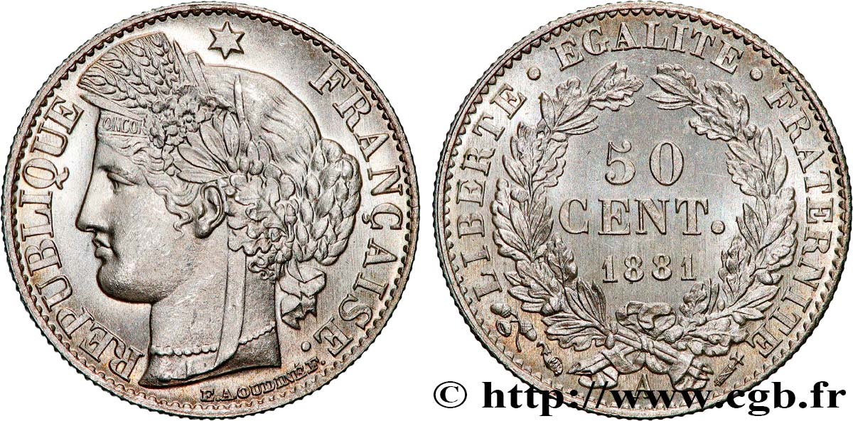 50 centimes Cérès, Troisième République 1881 Paris F.189/9 MS64 