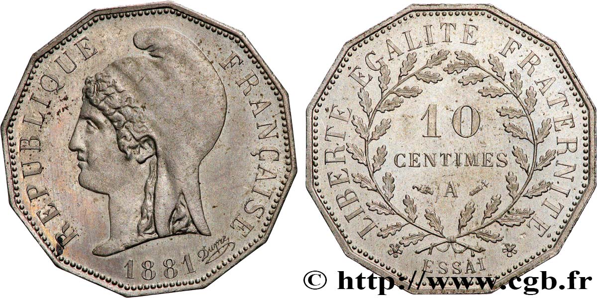 Essai de 10 centimes d’après Dupré, sur flan dodécagonal 1881 Paris GEM.26 1 MS 