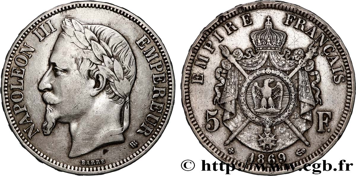 5 francs Napoléon III, tête laurée 1869 Strasbourg F.331/15 TB 