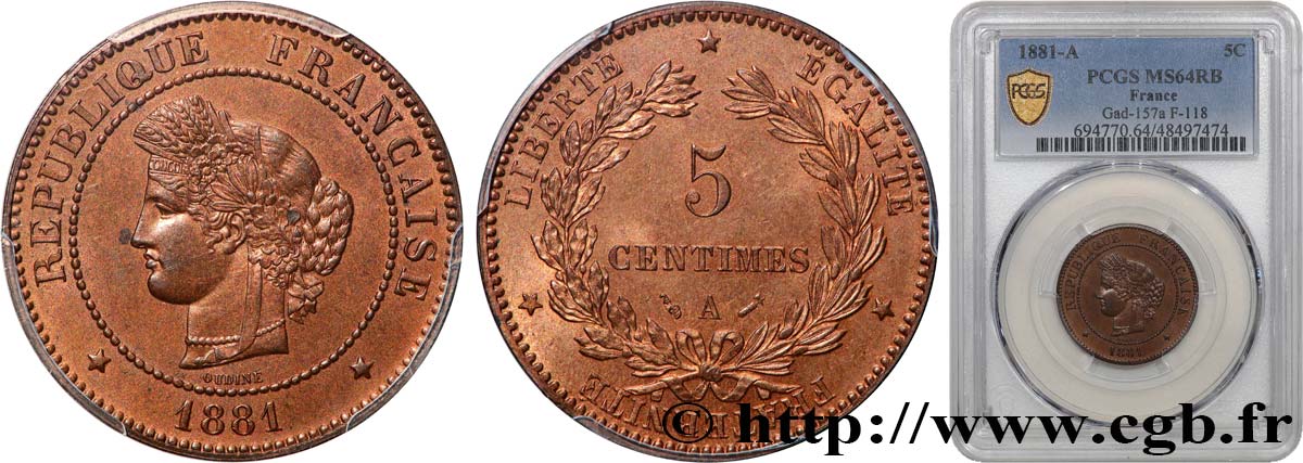 5 centimes Cérès 1881 Paris F.118/22 SPL64 PCGS