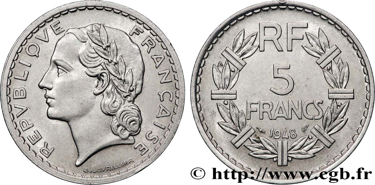 5 francs Lavrillier, aluminium, 9 fermé 1948  F.339/14 AU55 