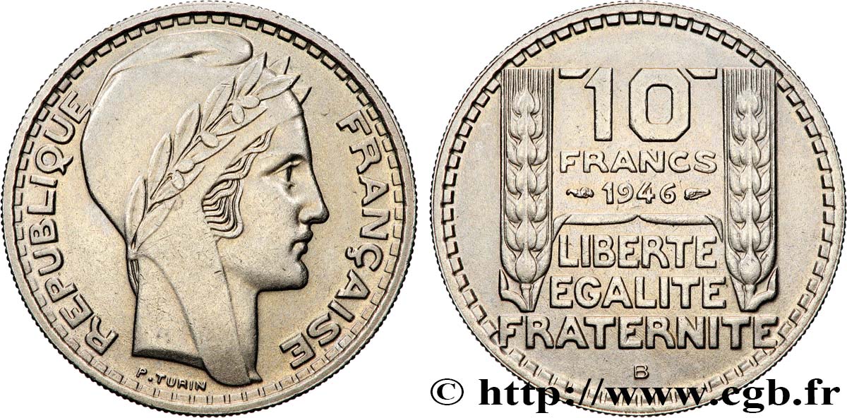 10 Francs Turin 1945 - Marianne Grosse Tête, Rameaux Courts - F.361A/1 - État SUP
