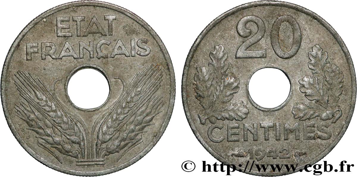 20 centimes État français, lourde 1942  F.153/4 MBC 