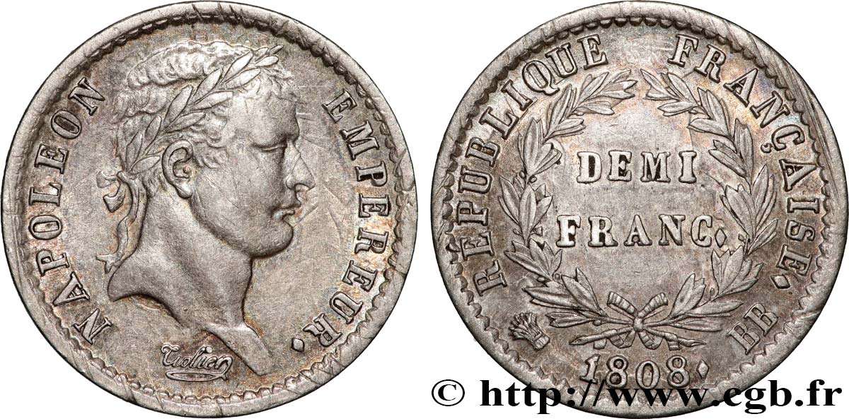 Demi-franc Napoléon Ier tête laurée, République française, buste fin 1808 Strasbourg F.177/4 TTB 