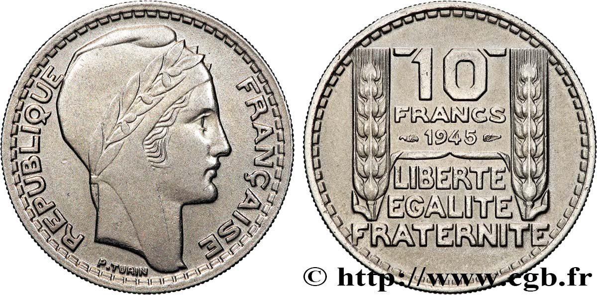 10 francs Turin, grosse tête, rameaux courts 1945  F.361A/1 AU 