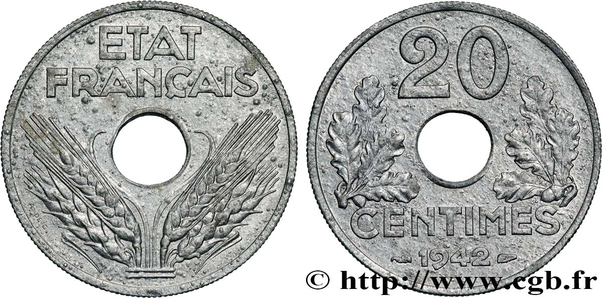 20 centimes État français, lourde 1942  F.153/4 SPL+ 