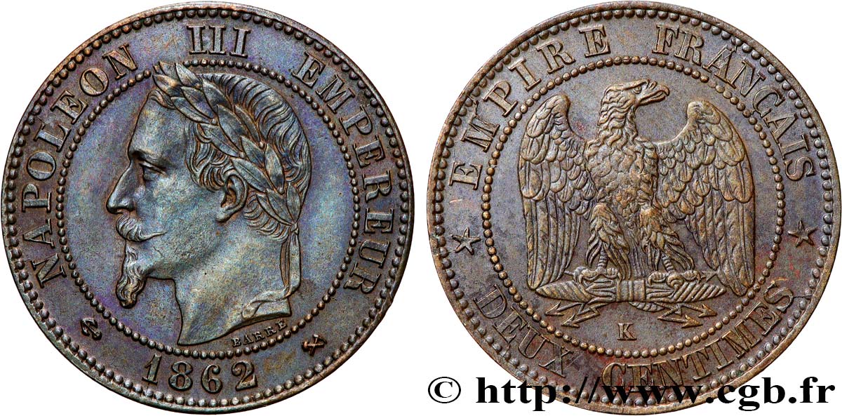 Deux centimes Napoléon III, tête laurée, buste définitif 1862 Bordeaux F.108A/7 SS 