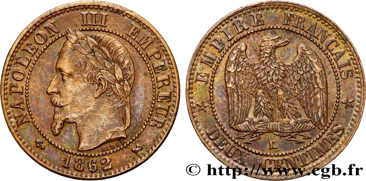 Deux centimes Napoléon III, tête laurée, buste définitif 1862 Bordeaux F.108A/7 TTB 