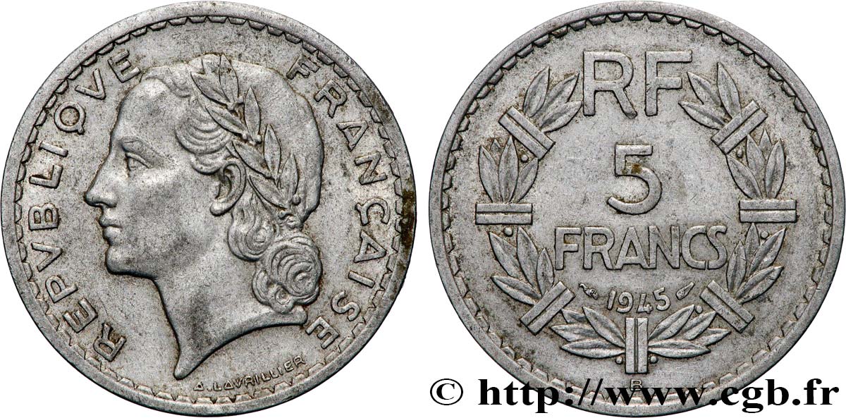 5 francs Lavrillier, aluminium 1945 Beaumont-Le-Roger F.339/4 BC 