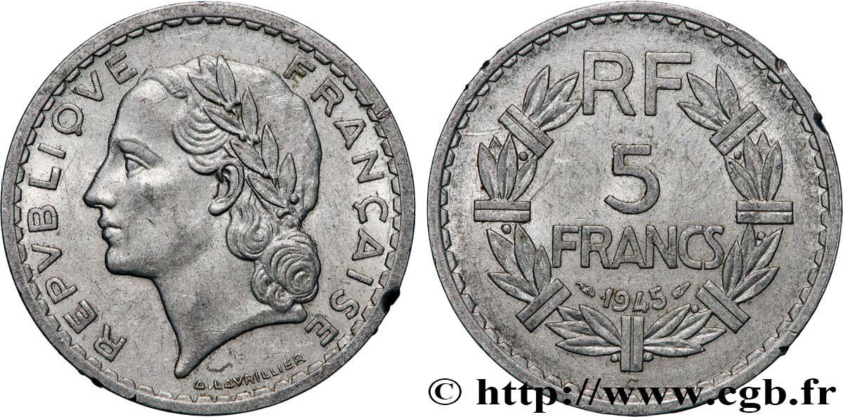 5 francs Lavrillier, aluminium 1945 Castelsarrasin F.339/5 VF 