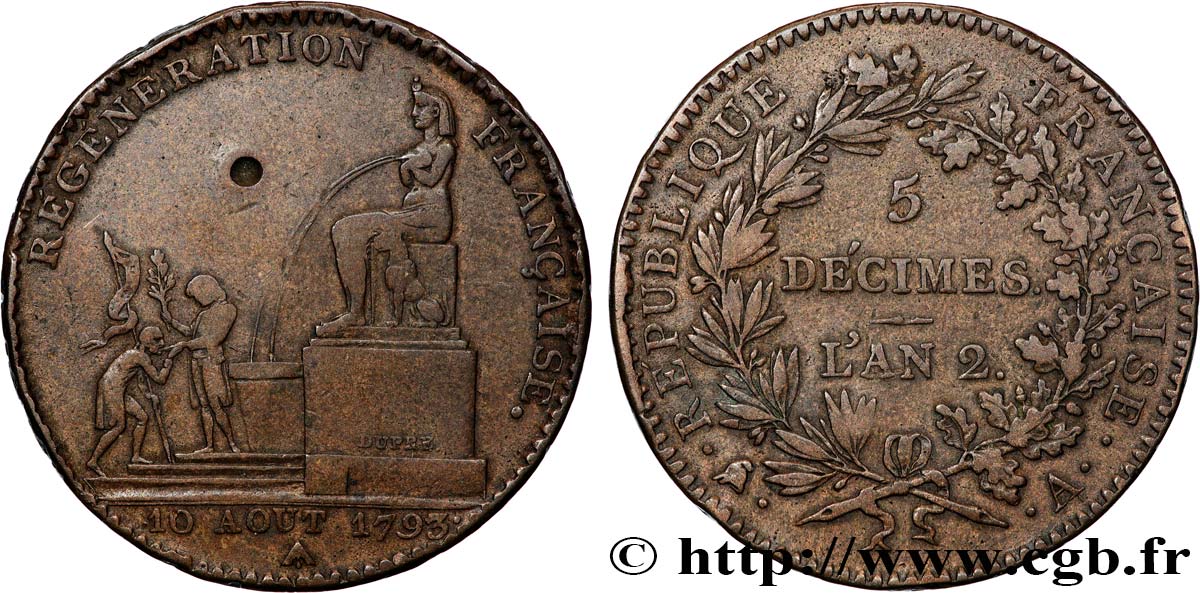 5 décimes, Régénération française 1793 Paris F.172A/1 MBC 