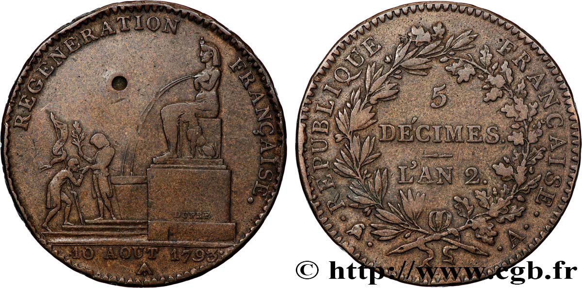 5 décimes, Régénération française 1793 Paris F.172A/1 XF 