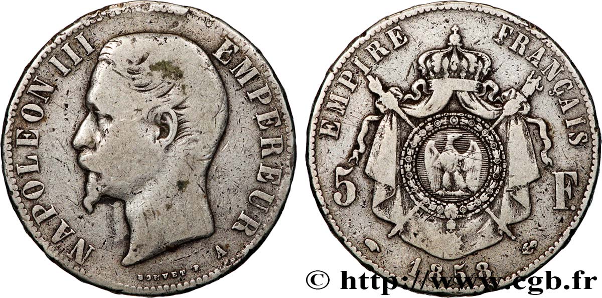 5 francs Napoléon III, tête nue 1858 Paris F.330/11 VF 