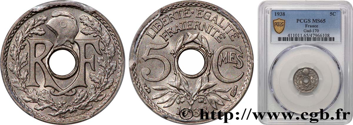 5 centimes Lindauer, petit module 1938 Paris F.122/21 FDC65 PCGS