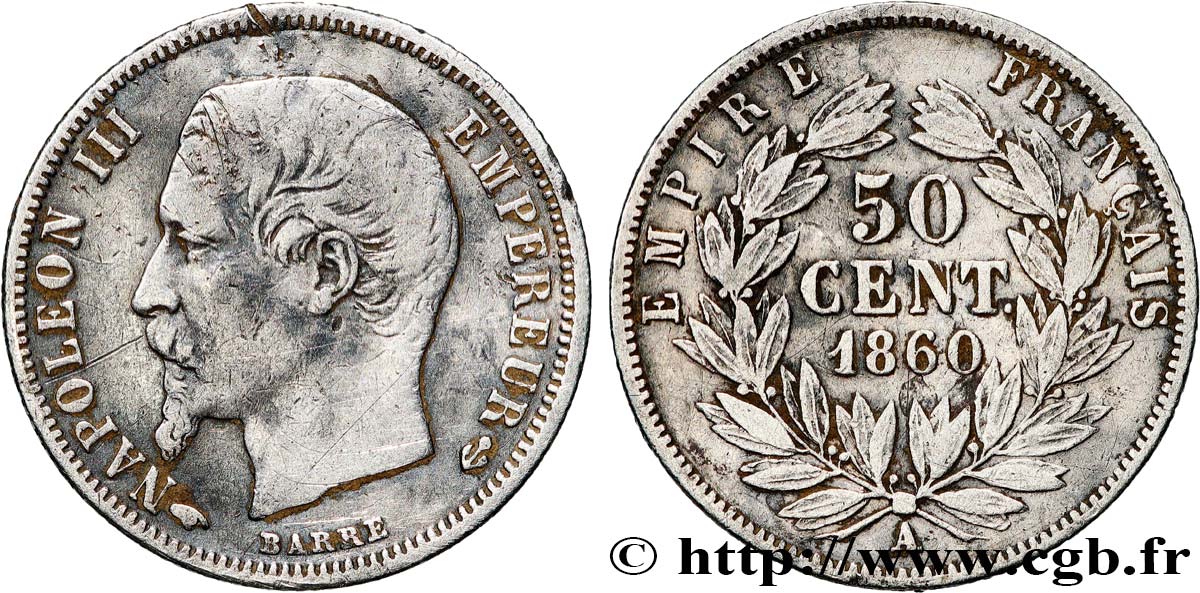 50 centimes Napoléon III, tête nue 1860 Paris F.187/13 TB 