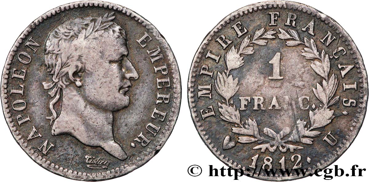 1 franc Napoléon Ier tête laurée, Empire français 1812 Turin F.205/55 VF 