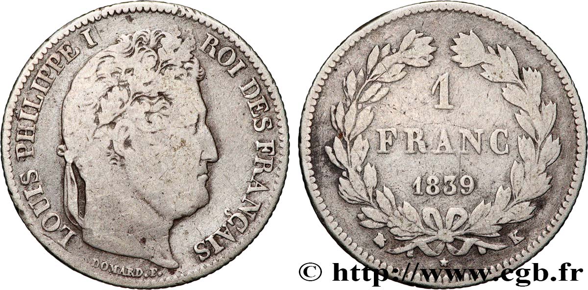 1 franc Louis-Philippe, couronne de chêne 1839 Bordeaux F.210/71 TB15 