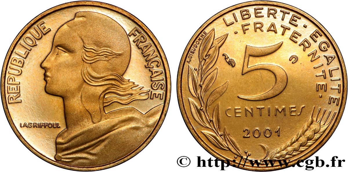 5 centimes Marianne, BE (Belle Épreuve) 2001 Pessac F.125/45 var. FDC 