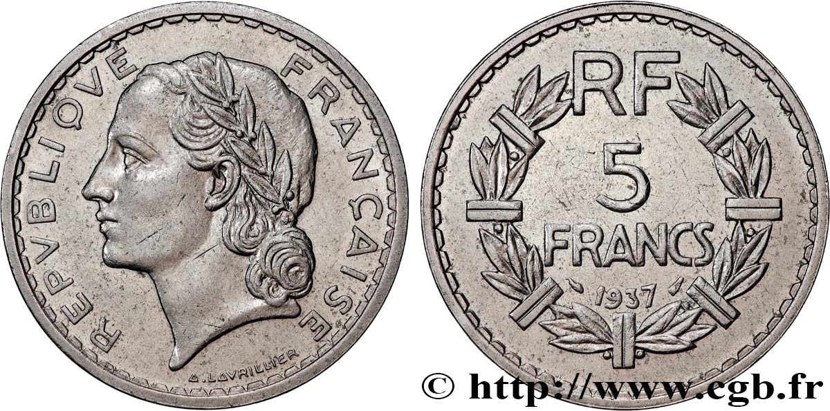 5 francs Lavrillier, nickel 1937  F.336/6 fVZ 