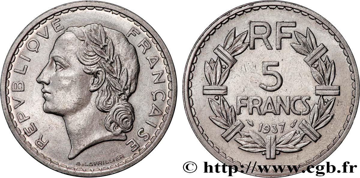 5 francs Lavrillier, nickel 1937  F.336/6 fVZ 