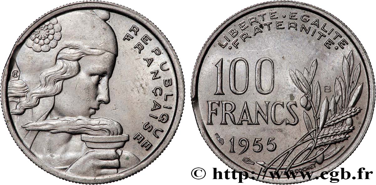 100 francs Cochet, légèrement fautée flan clipé 1955 Beaumont-le-Roger F.450/7 var. SPL 