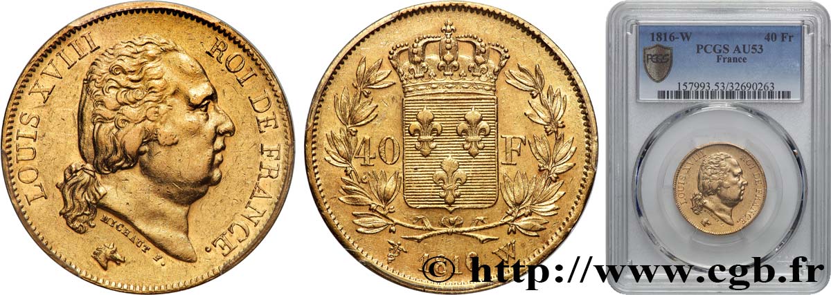 40 francs or Louis XVIII 1816 Lille F.542/5 AU53 PCGS