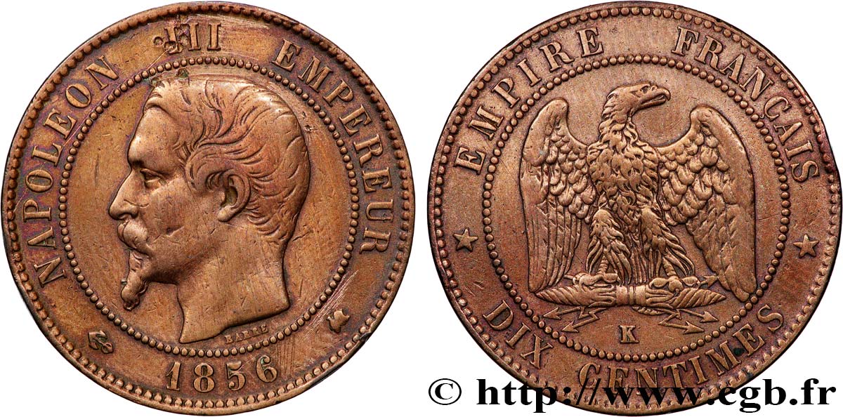 Dix centimes Napoléon III, tête nue 1856 Bordeaux F.133/38 q.BB 