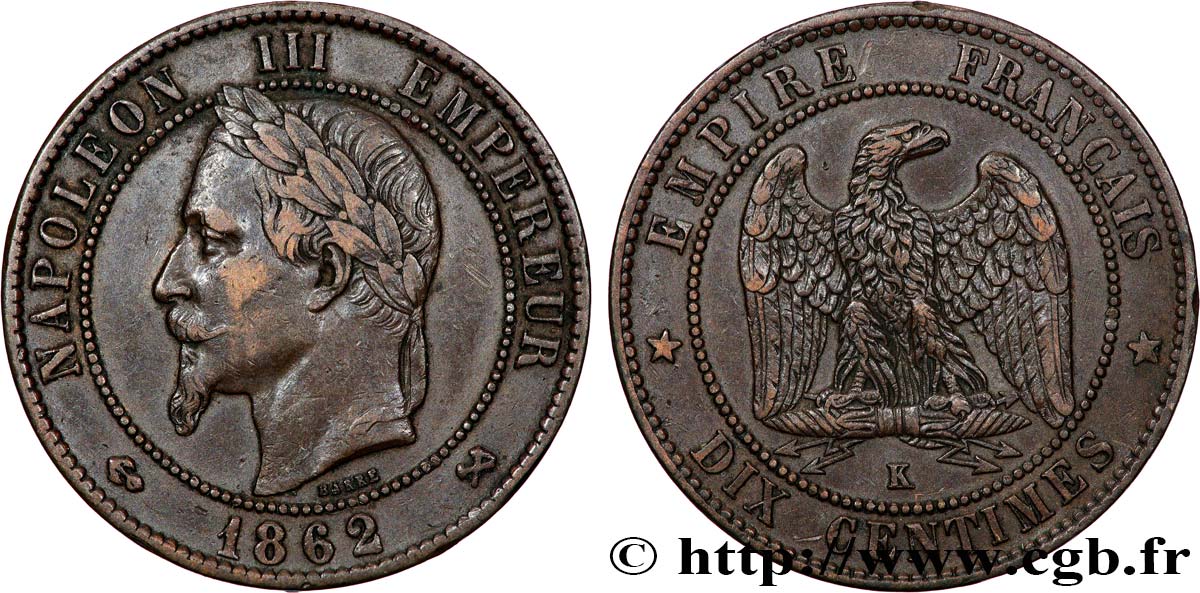 Dix centimes Napoléon III, tête laurée 1862 Bordeaux F.134/9 TB 