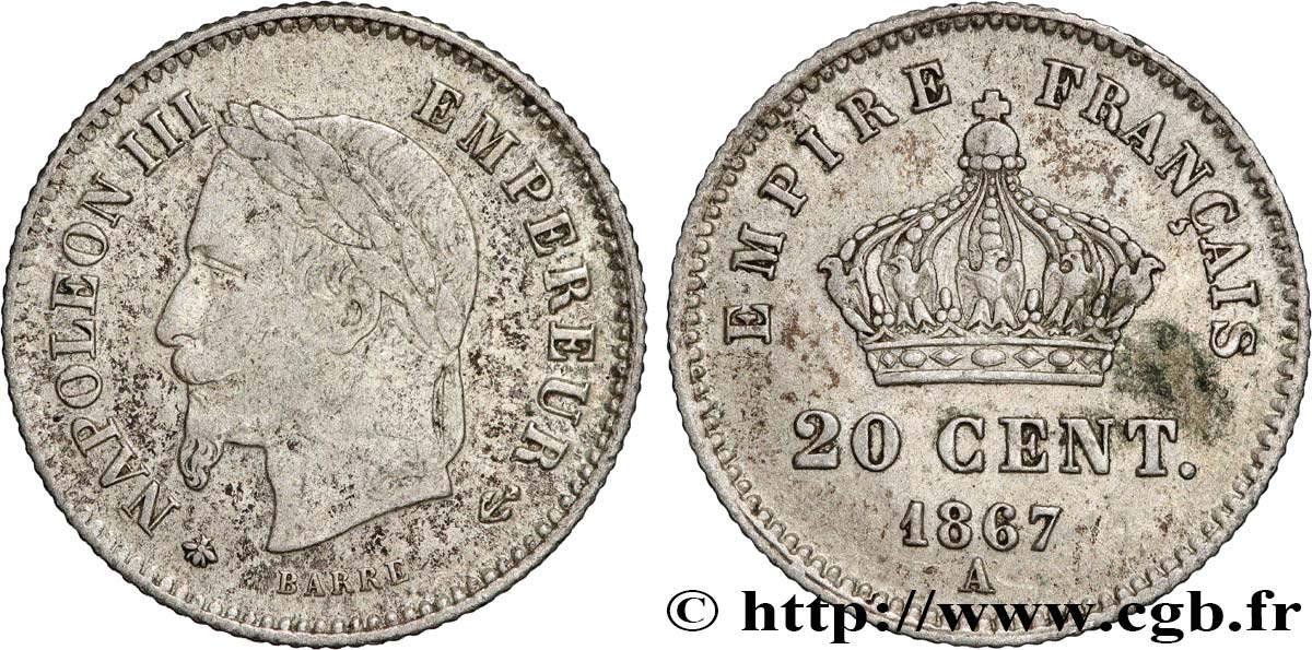 20 centimes Napoléon III, tête laurée, grand module 1867 Paris F.150/1 VF 