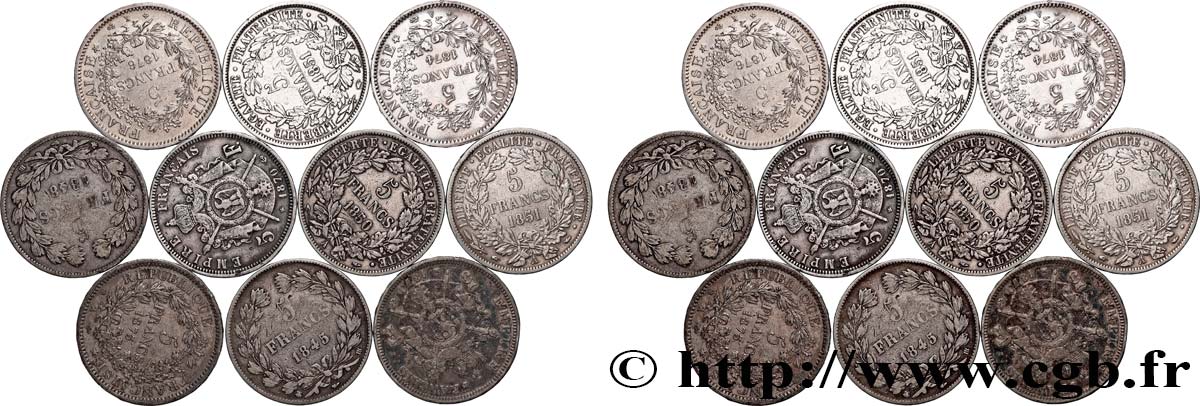 Lot de dix écus de 5 francs n.d.  F.-/ MB 